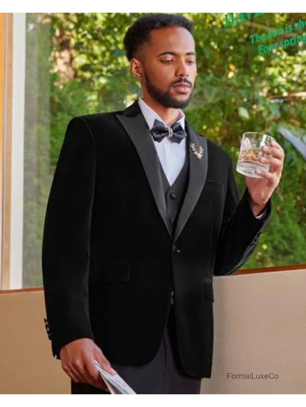 Men's Velvet Tuxedo Suit 3-Piece Slim Fit Set for Wedding Prom Party with Satin
